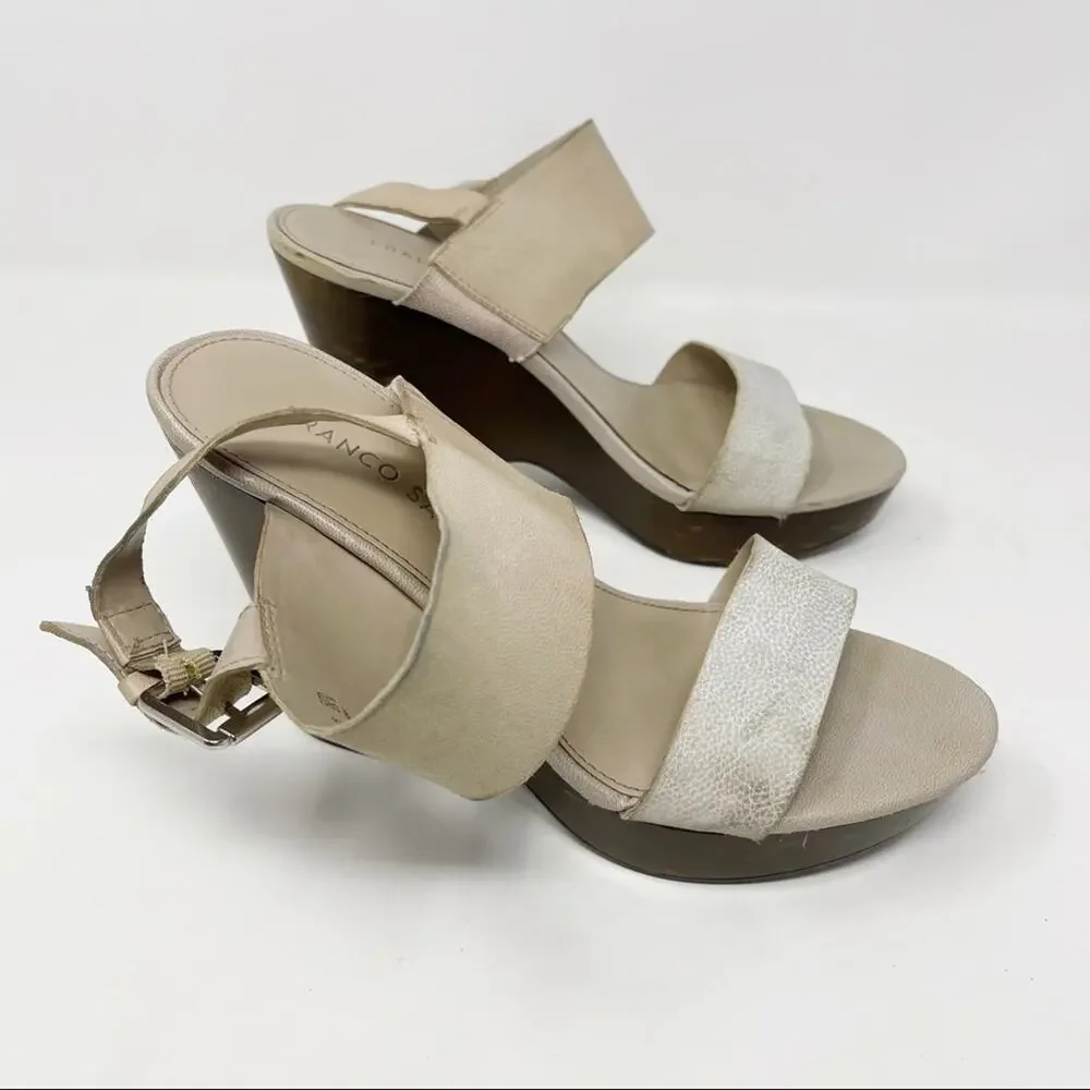 Franco Sarto Womens Size 6.5 Georgette Leather Wedge Sandal Heels Cream Bown